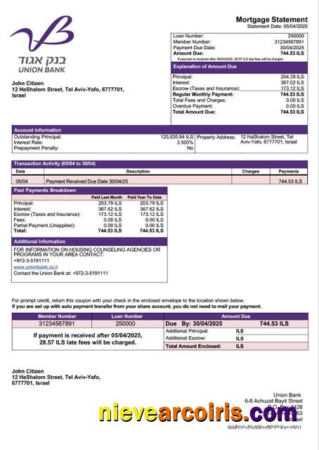 Israel Union Bank (Bank Igud) mortgage statement Word and PDF template